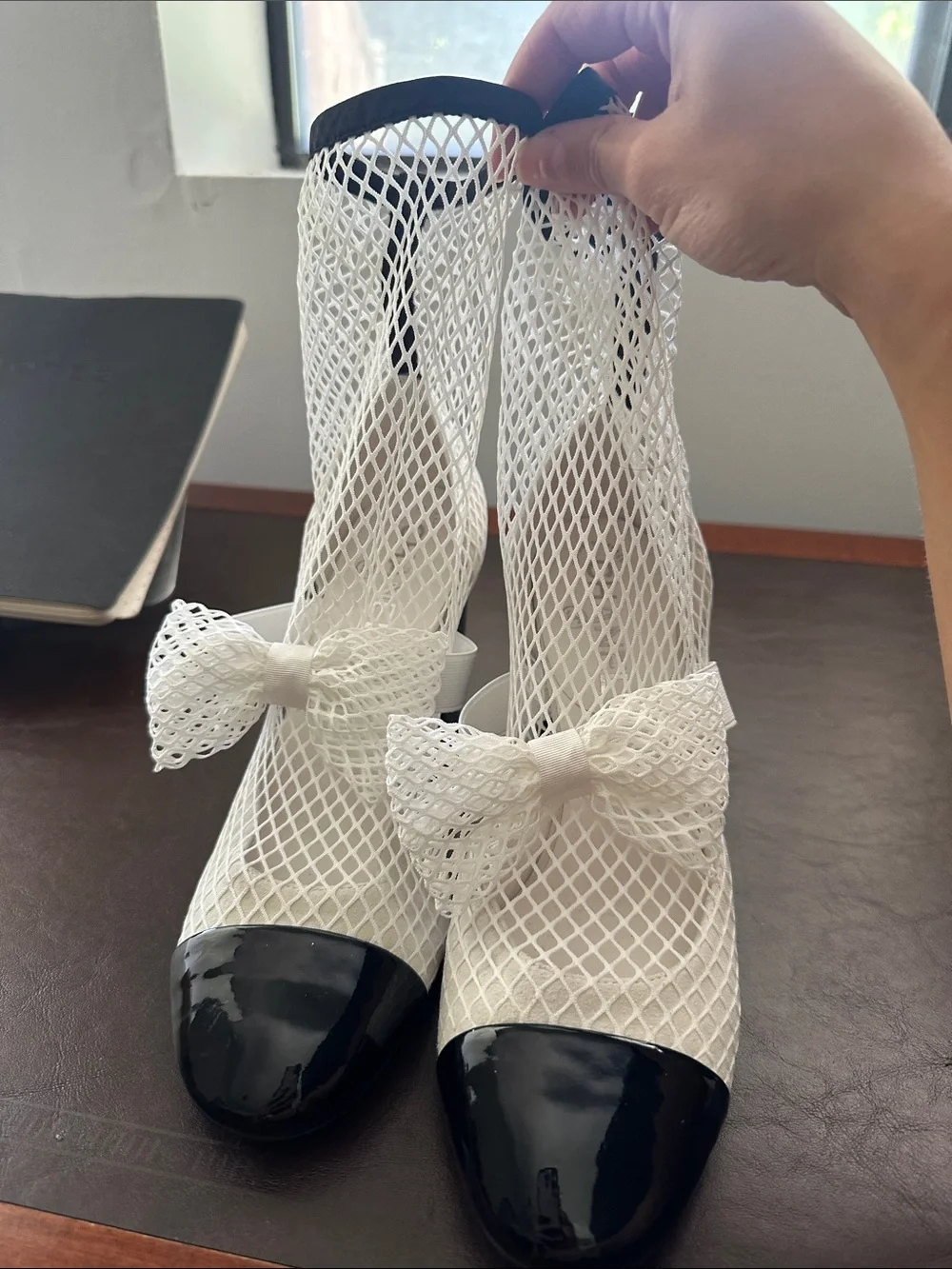 CHANEL White Mesh Bow Block-Heel Sock Boots with Black Patent Toe